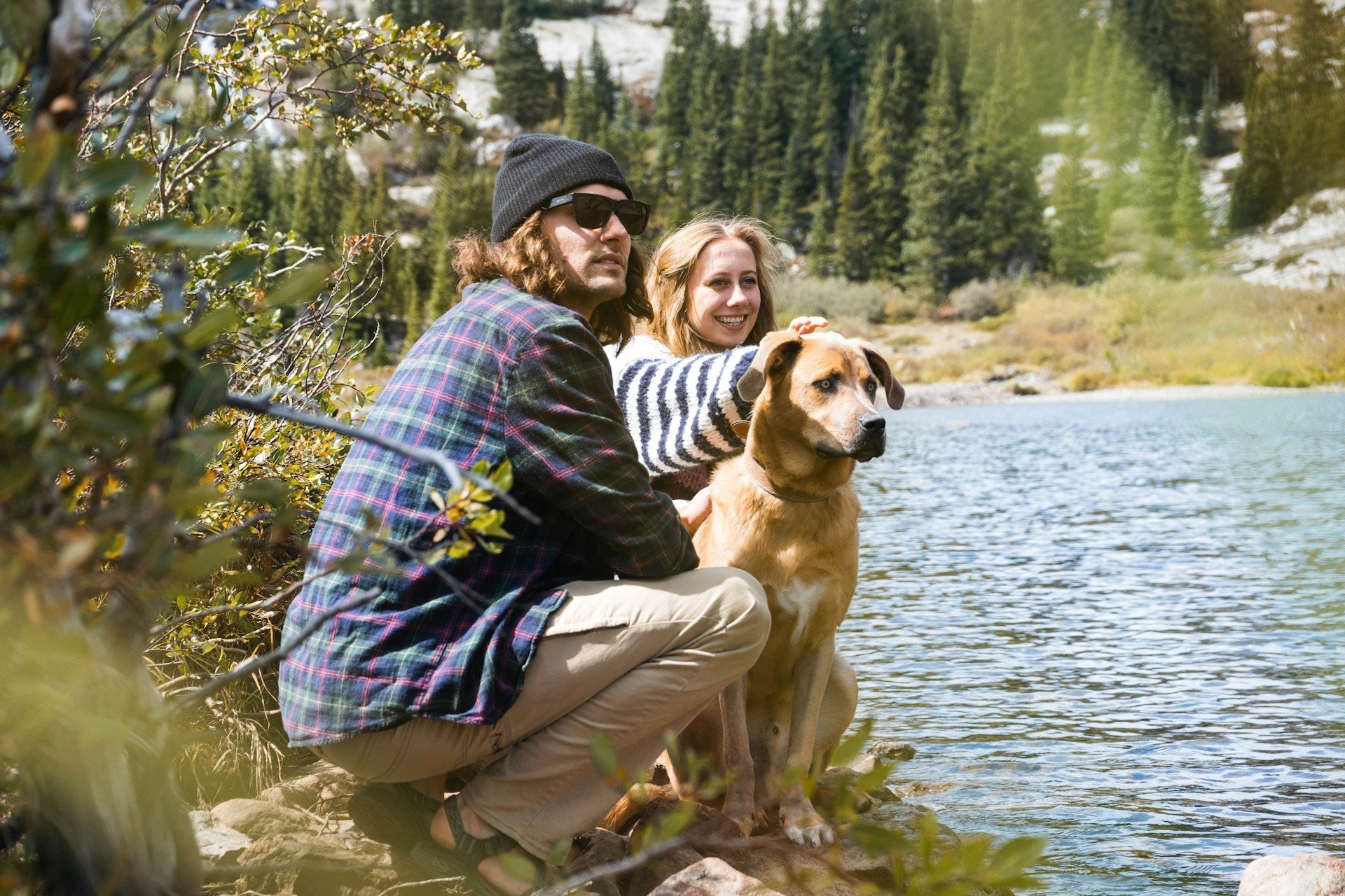 Couple resting with their dog beside a mountain lake during a summer hike, taking a shade and water break
