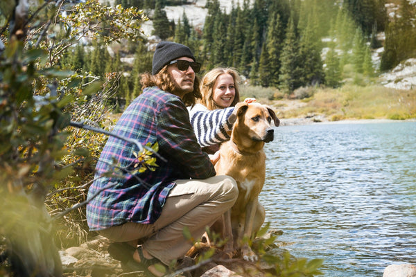 Couple resting with their dog beside a mountain lake during a summer hike, taking a shade and water break